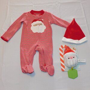 Baby First Christmas Footies Pajamas Santa Hat Stroller Toy 3 Months 3 Pce NEW